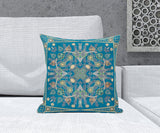 18" X 18" Aqua And Gold Blown Seam Floral Indoor Outdoor Throw Pillow