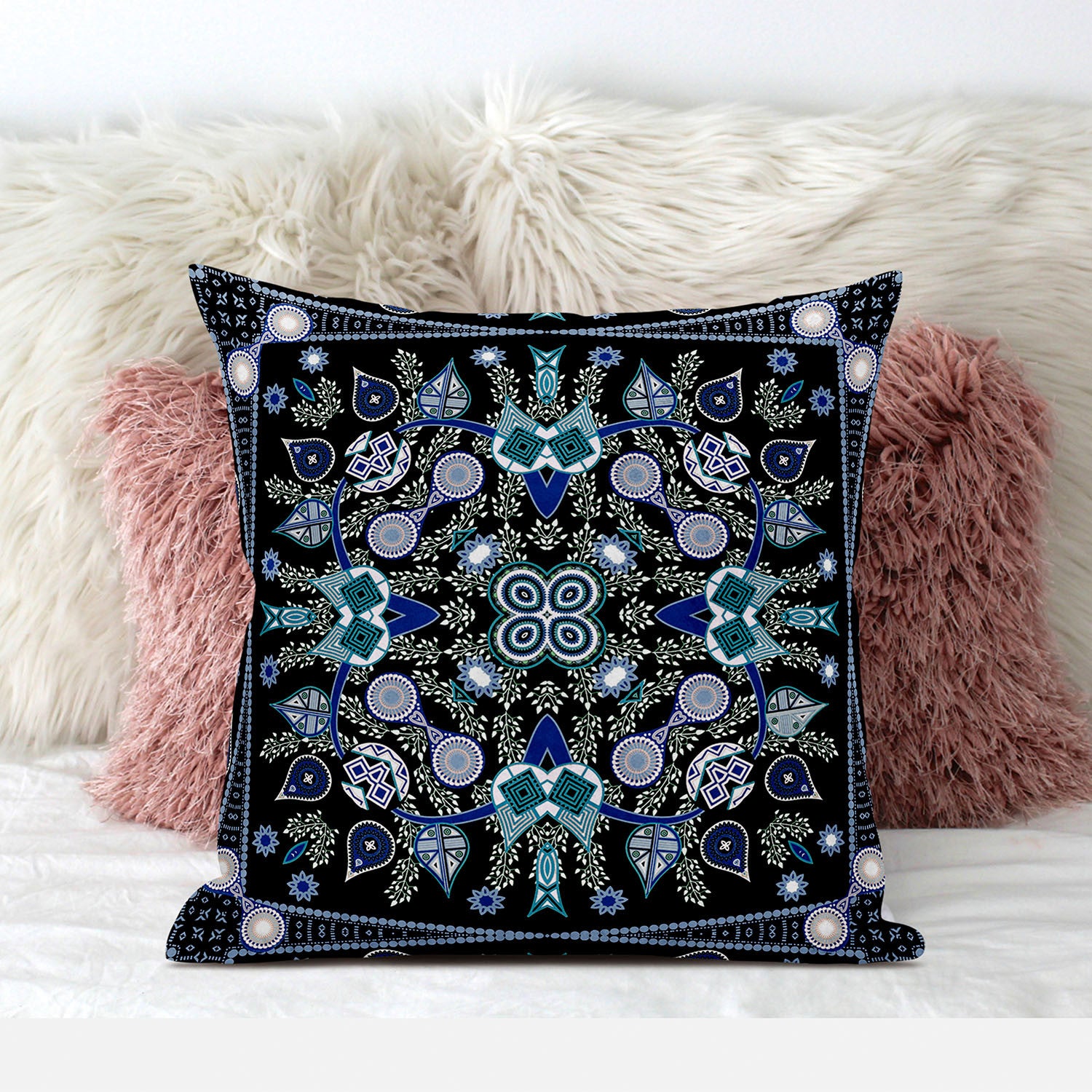 16" X 16" Black And Blue Blown Seam Floral Indoor Outdoor Throw Pillow