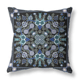 16" X 16" Black And Blue Blown Seam Floral Indoor Outdoor Throw Pillow