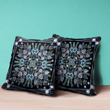 16" X 16" Black And Blue Blown Seam Floral Indoor Outdoor Throw Pillow