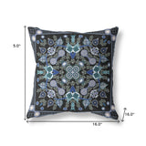 16" X 16" Black And Blue Blown Seam Floral Indoor Outdoor Throw Pillow