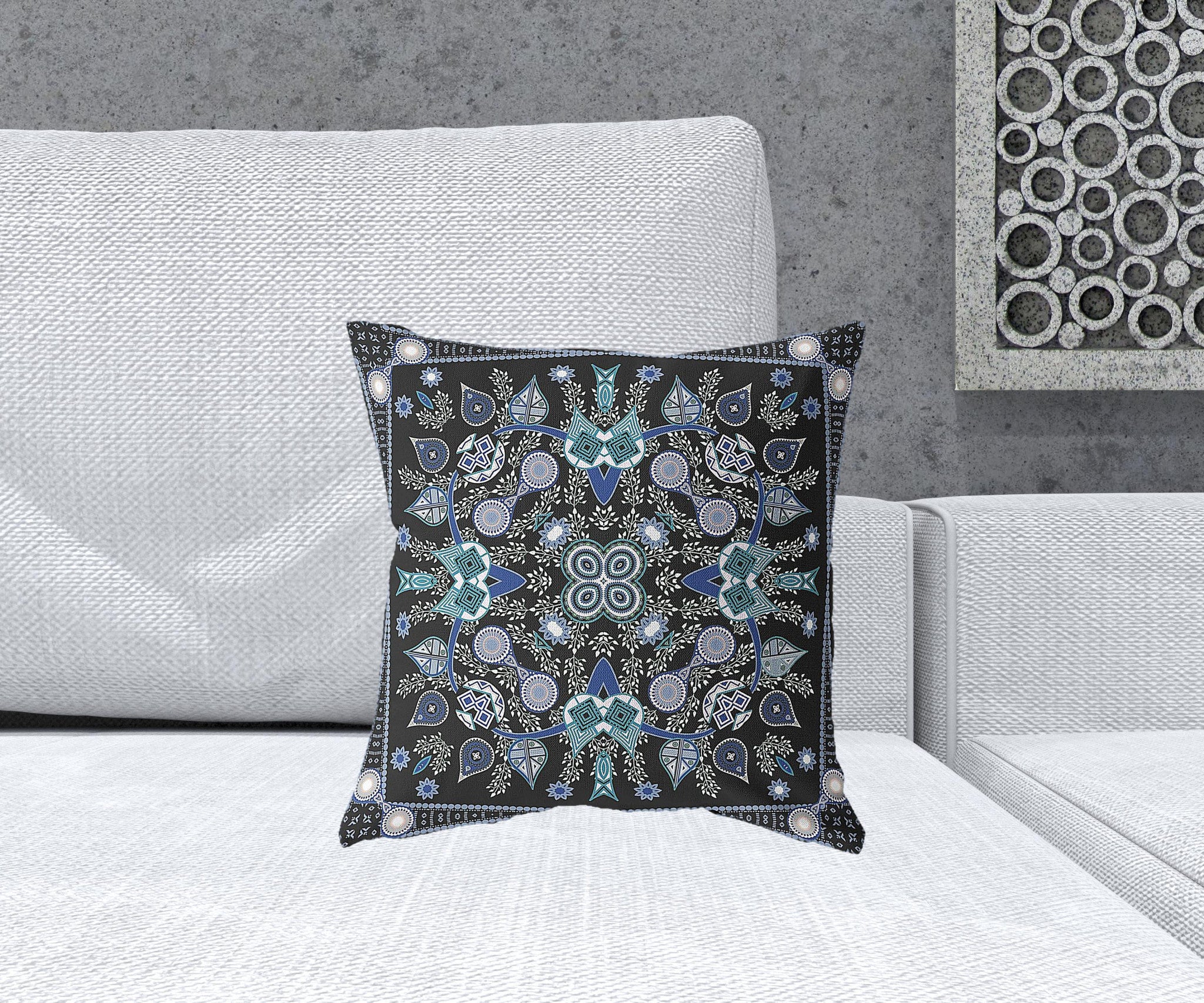 16" X 16" Black And Blue Blown Seam Floral Indoor Outdoor Throw Pillow