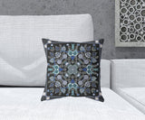 16" X 16" Black And Blue Blown Seam Floral Indoor Outdoor Throw Pillow