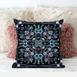 18" X 18" Black And Blue Blown Seam Floral Indoor Outdoor Throw Pillow