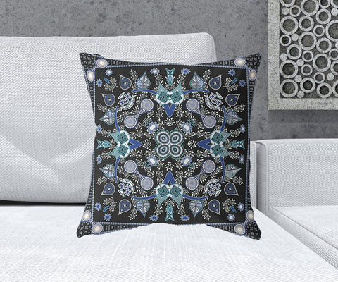 20" X 20" Black And Blue Blown Seam Floral Indoor Outdoor Throw Pillow