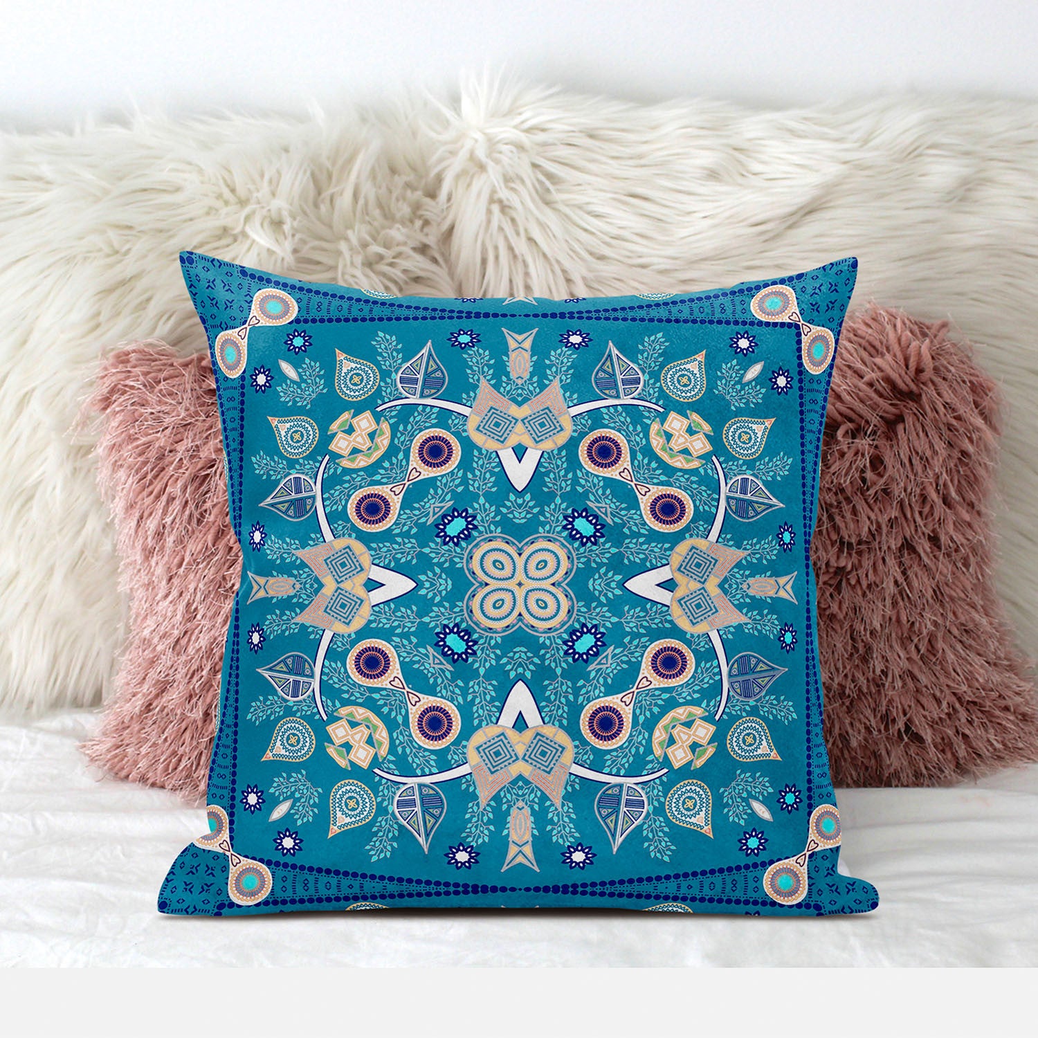 16" X 16" Blue And Beige Blown Seam Floral Indoor Outdoor Throw Pillow