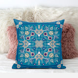 16" X 16" Blue And Beige Blown Seam Floral Indoor Outdoor Throw Pillow