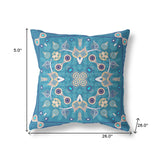 26" X 26" Blue And Beige Blown Seam Floral Indoor Outdoor Throw Pillow