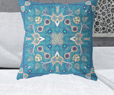 26" X 26" Blue And Beige Blown Seam Floral Indoor Outdoor Throw Pillow