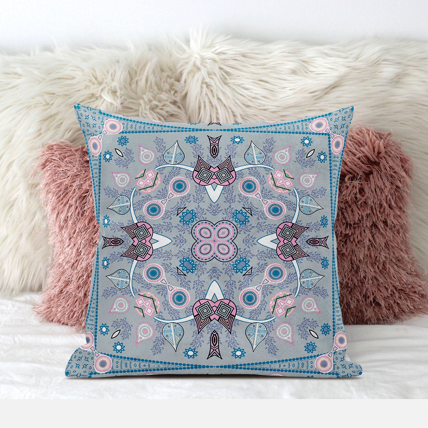 16" X 16" Grey And Pink Blown Seam Floral Indoor Outdoor Throw Pillow