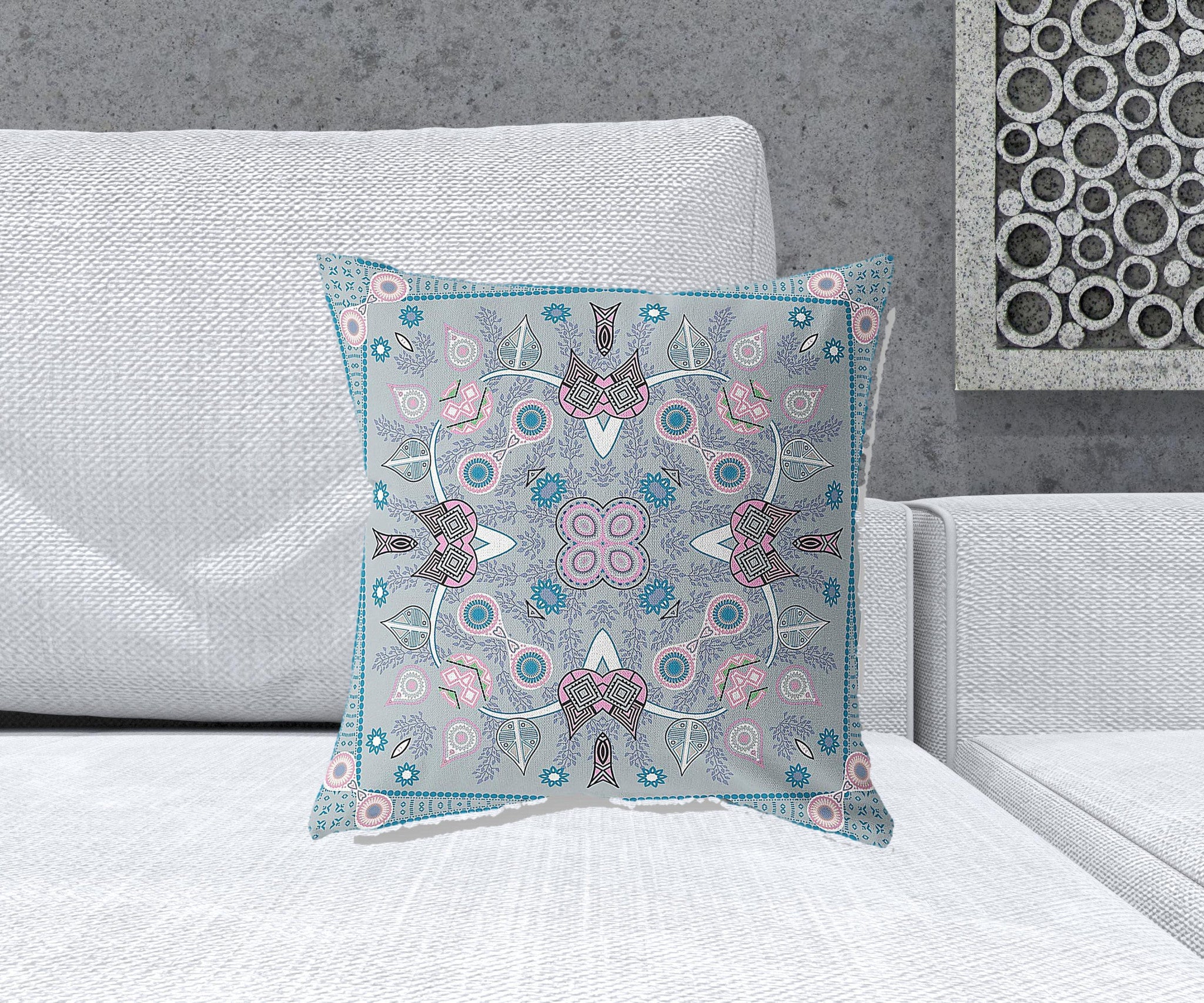 18" X 18" Grey And Pink Blown Seam Floral Indoor Outdoor Throw Pillow