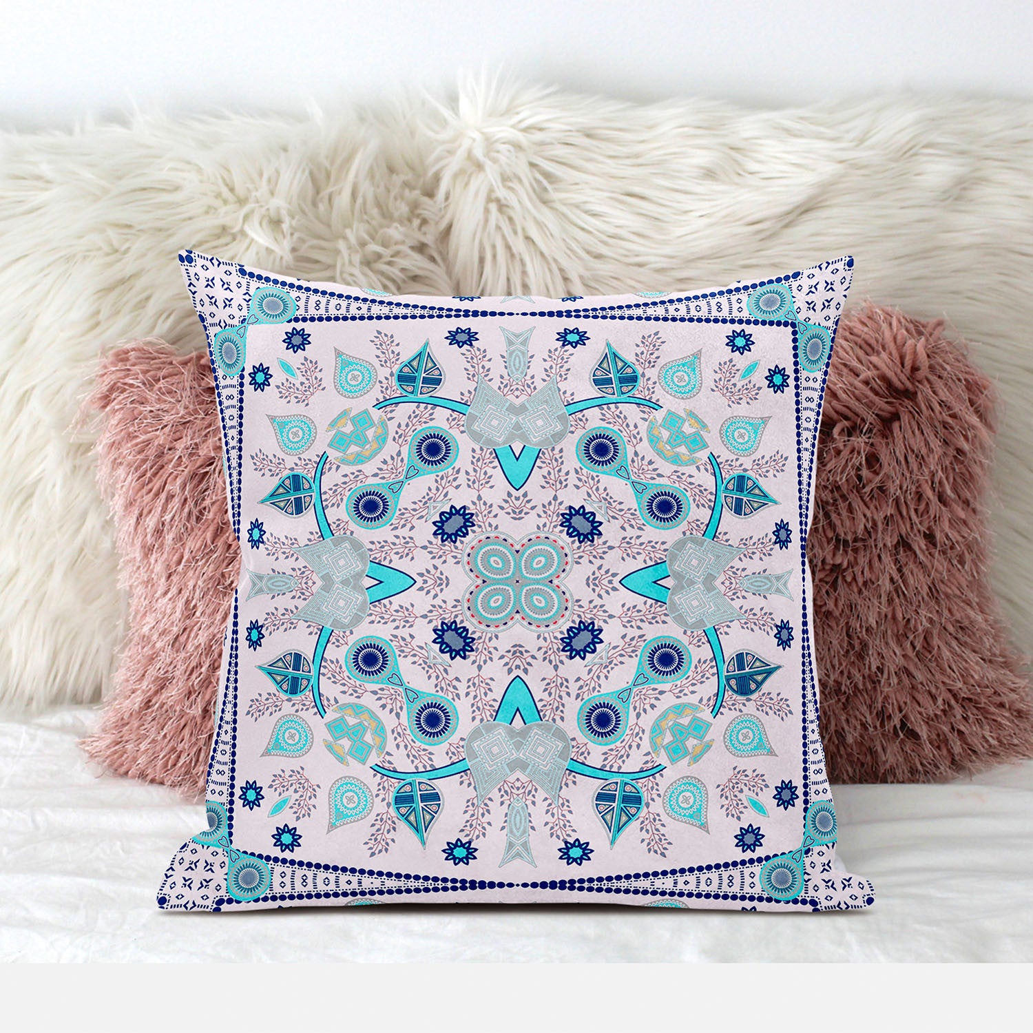 16" X 16" Light Blue Blown Seam Floral Indoor Outdoor Throw Pillow