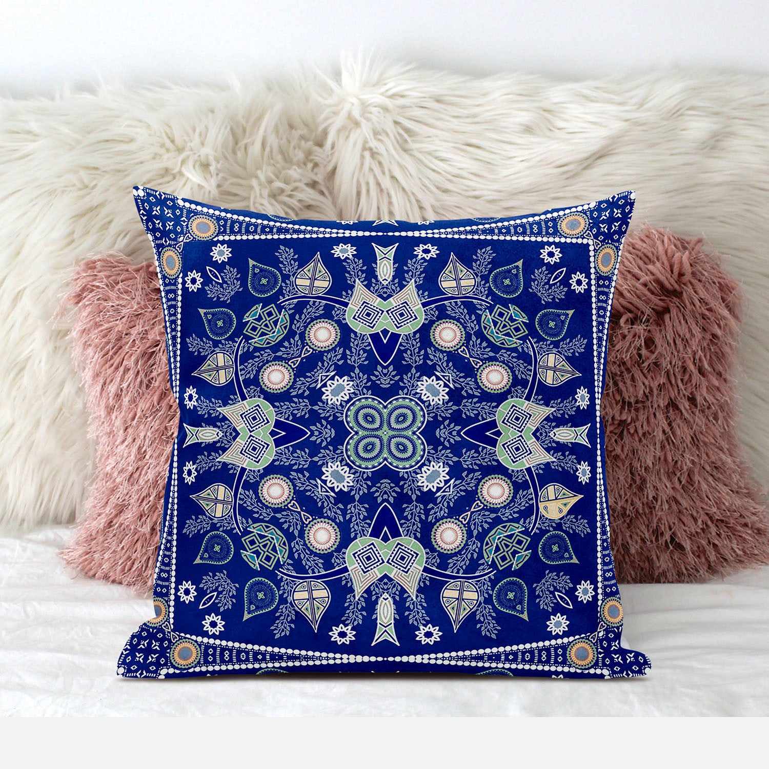 16" X 16" Midnight White Blown Seam Floral Indoor Outdoor Throw Pillow