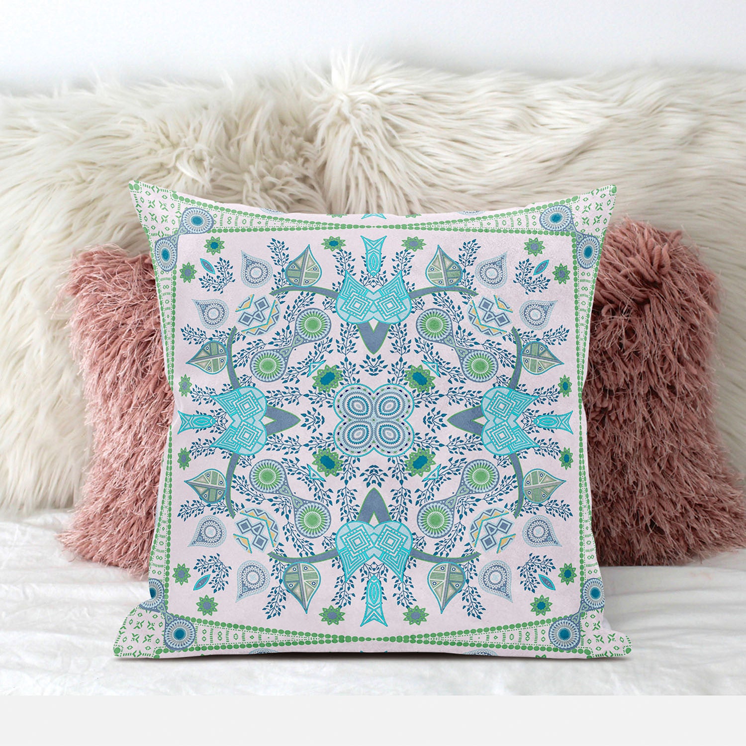 16" X 16" White And Green Blown Seam Floral Indoor Outdoor Throw Pillow