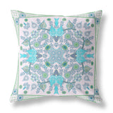 16" X 16" White And Green Blown Seam Floral Indoor Outdoor Throw Pillow