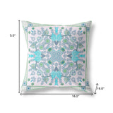 16" X 16" White And Green Blown Seam Floral Indoor Outdoor Throw Pillow