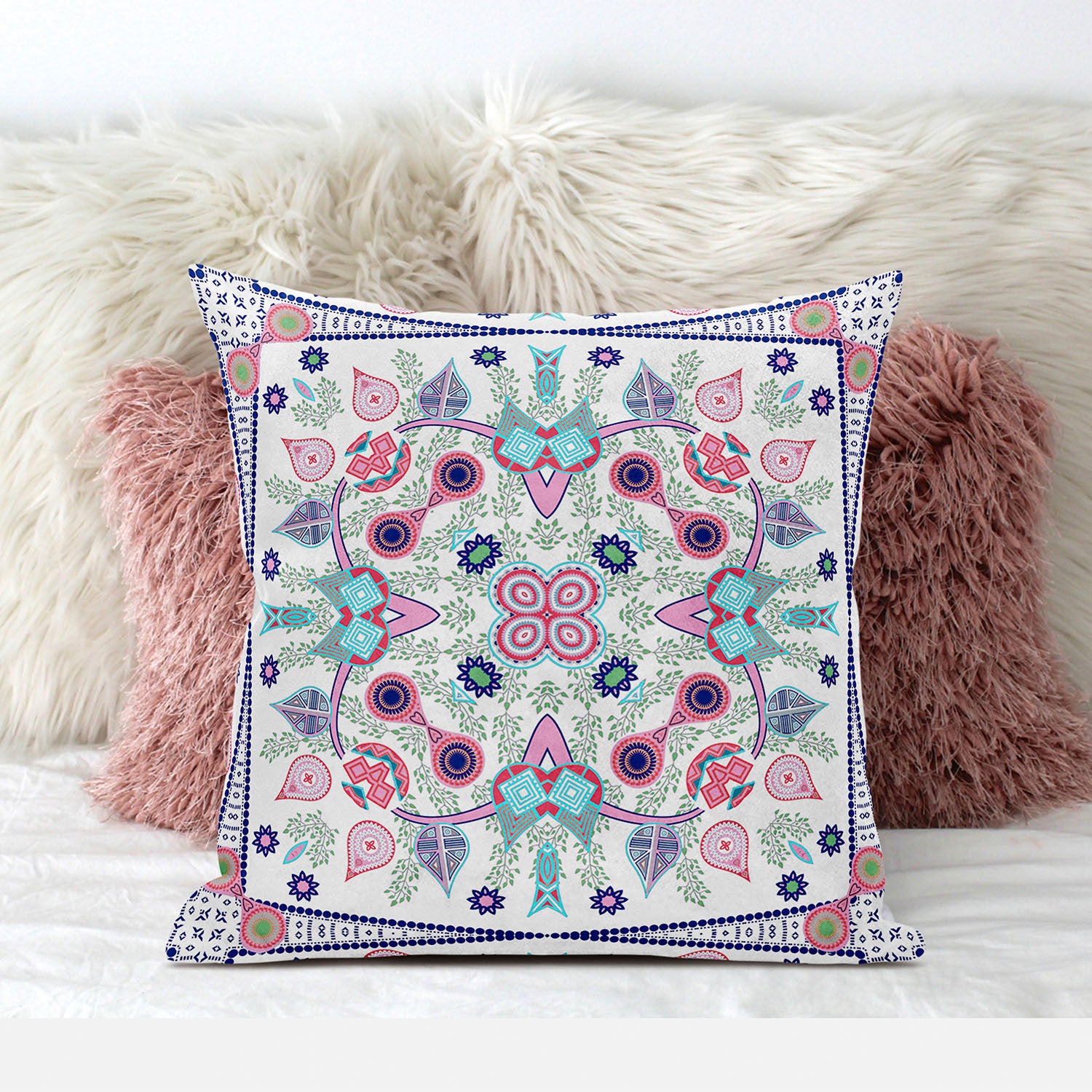 20" X 20" White And Blue Blown Seam Floral Indoor Outdoor Throw Pillow