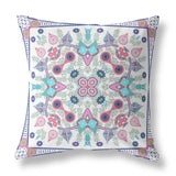 20" X 20" White And Blue Blown Seam Floral Indoor Outdoor Throw Pillow