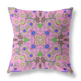 16" X 16" Pink And Green Blown Seam Floral Indoor Outdoor Throw Pillow