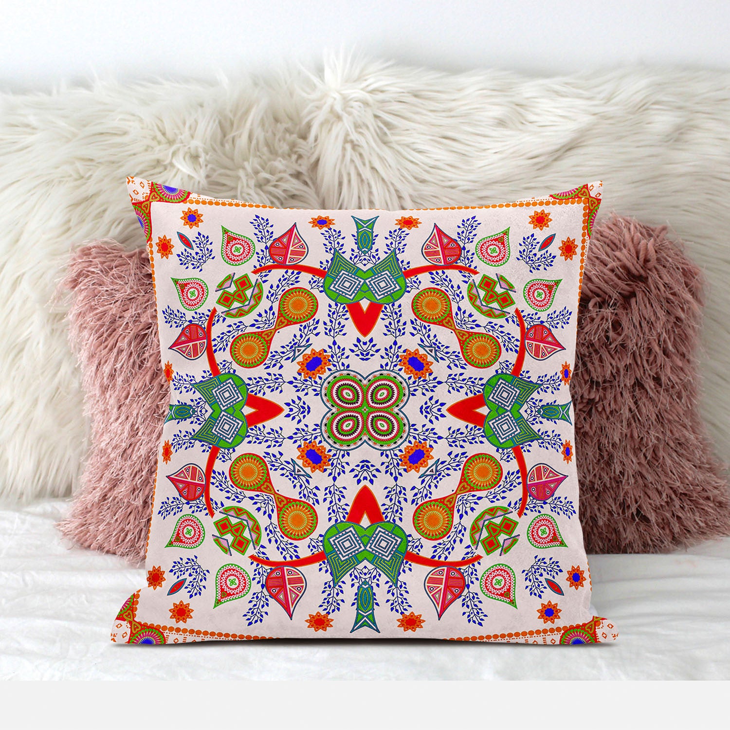 16" X 16" White And Orange Blown Seam Floral Indoor Outdoor Throw Pillow