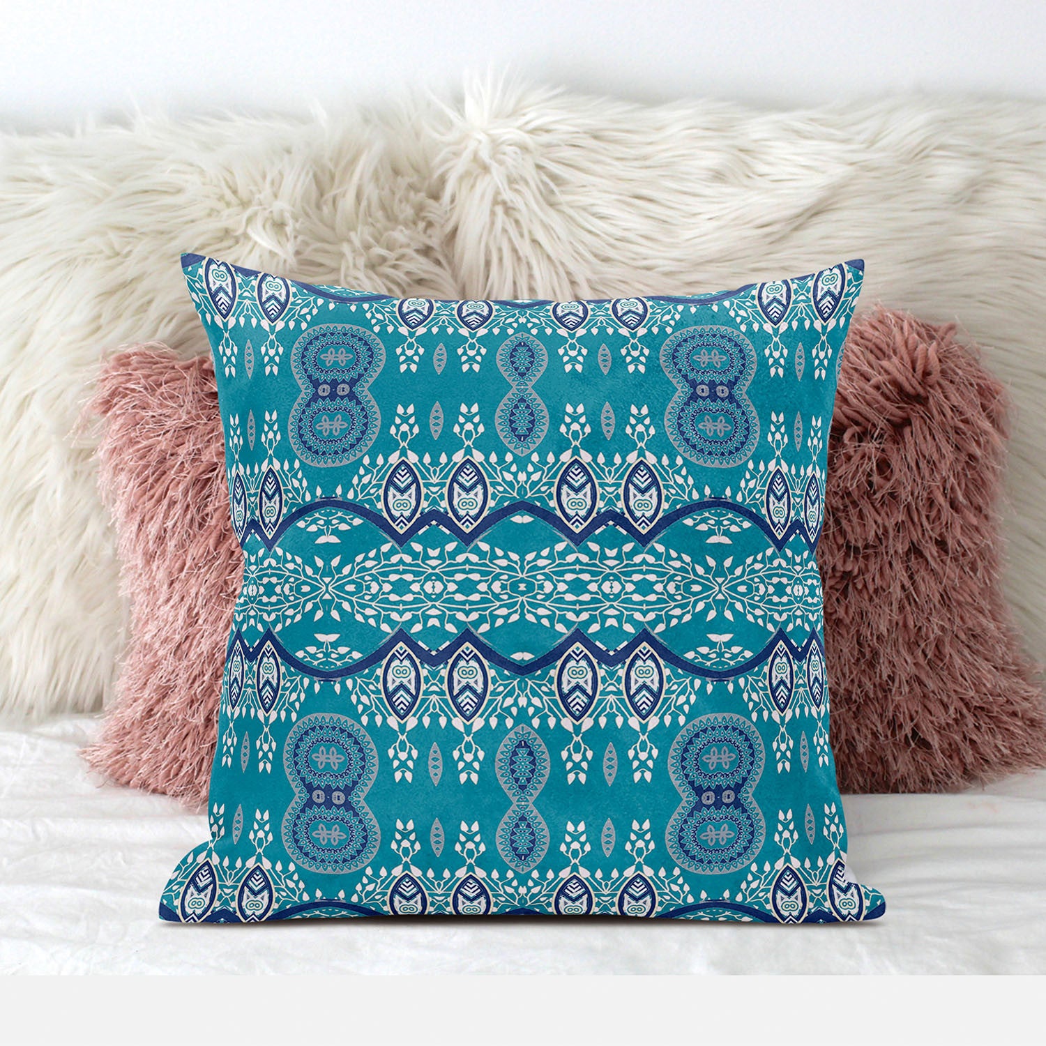 16" X 16" Aqua Blue Blown Seam Paisley Indoor Outdoor Throw Pillow