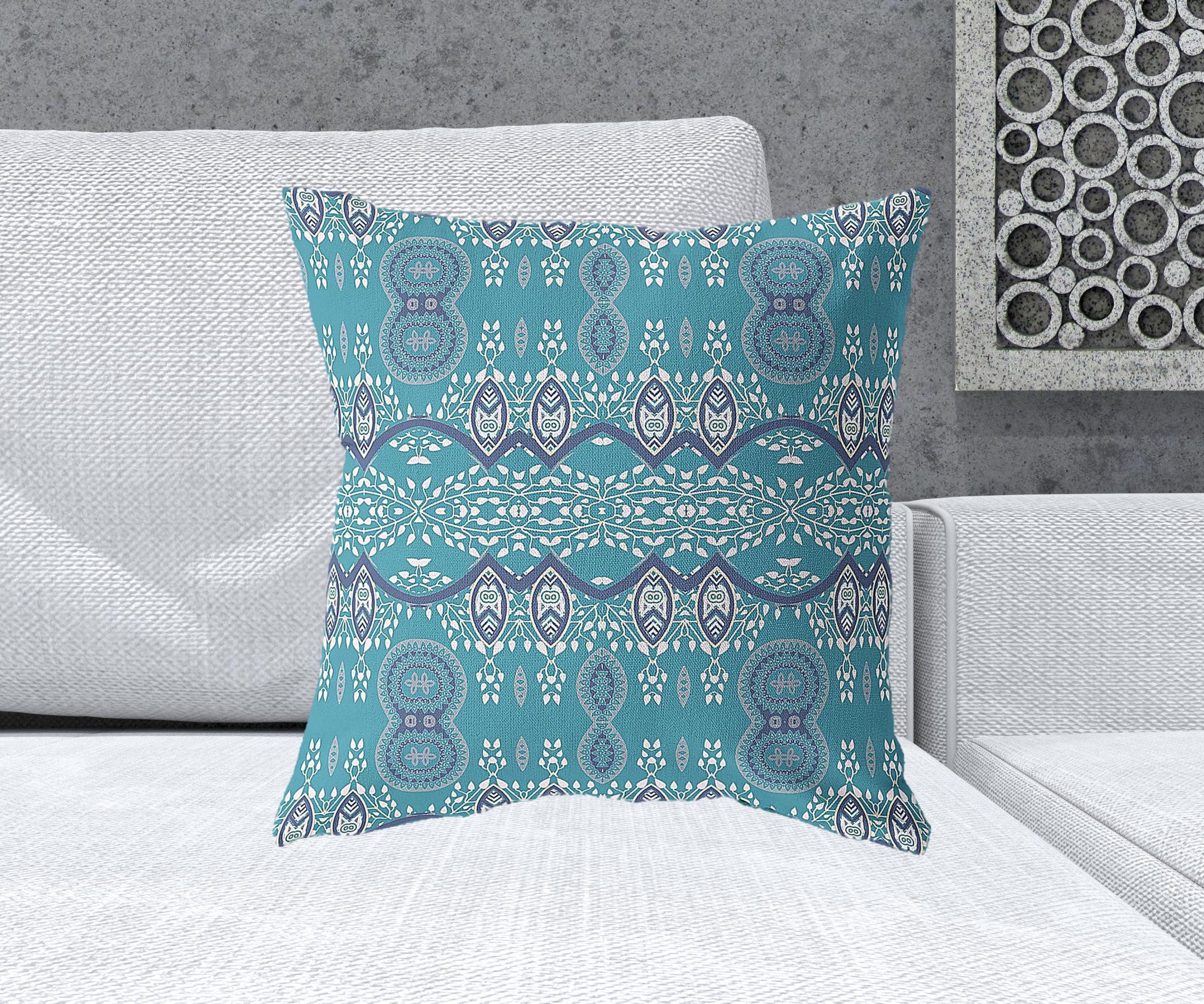 20" X 20" Aqua Blue Blown Seam Paisley Indoor Outdoor Throw Pillow