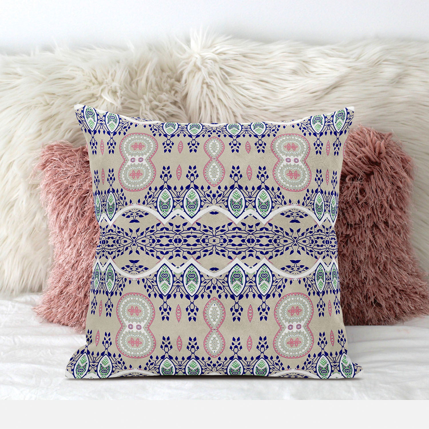 20" X 20" Beige And White Blown Seam Paisley Indoor Outdoor Throw Pillow