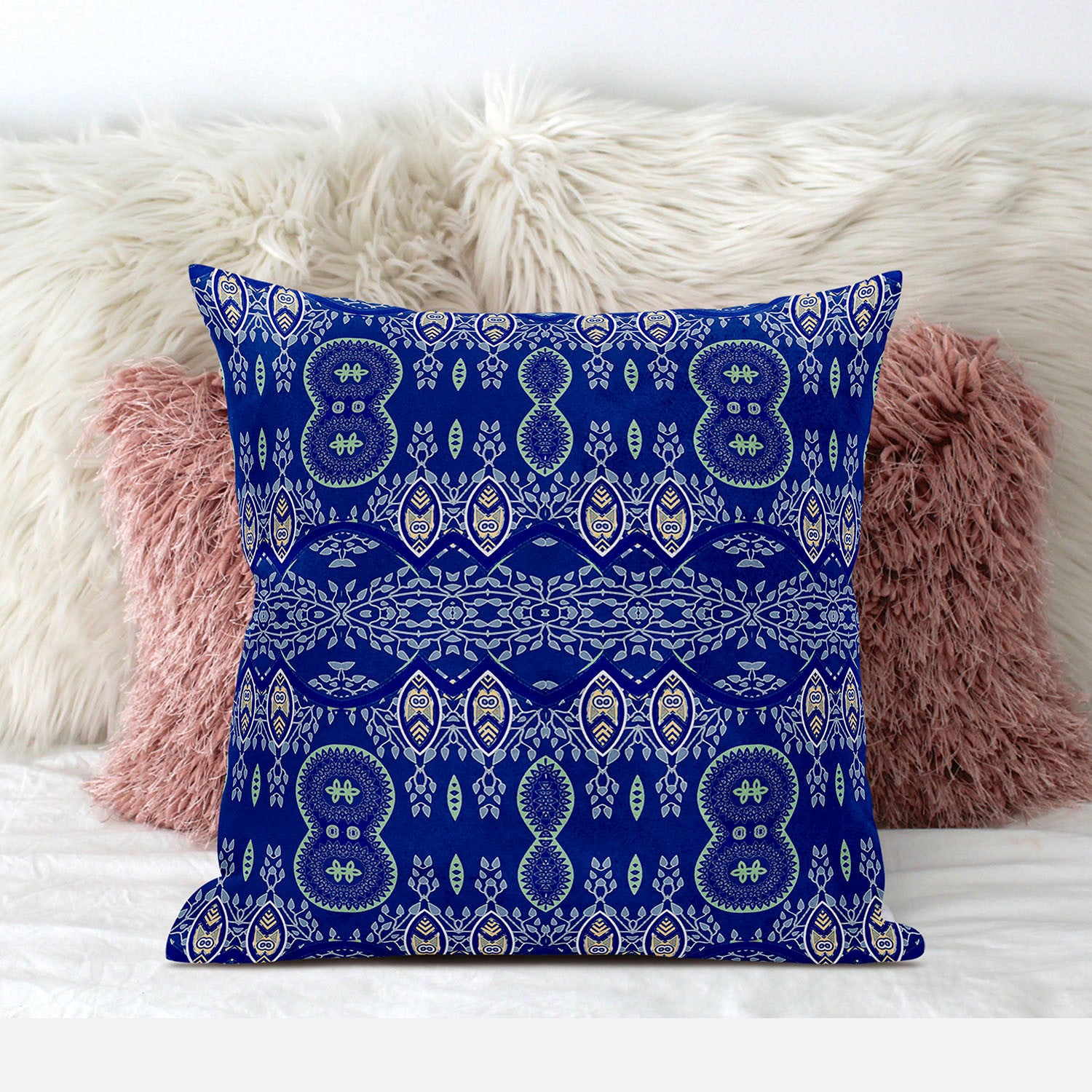 16" X 16" Navy Blue Blown Seam Paisley Indoor Outdoor Throw Pillow