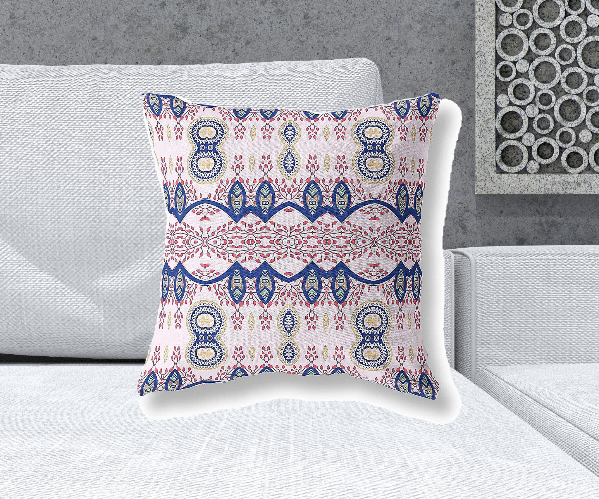 20" X 20" White And Blue Blown Seam Paisley Indoor Outdoor Throw Pillow