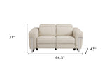 65" Beige And Silver Italian Leather Power Reclining Loveseat