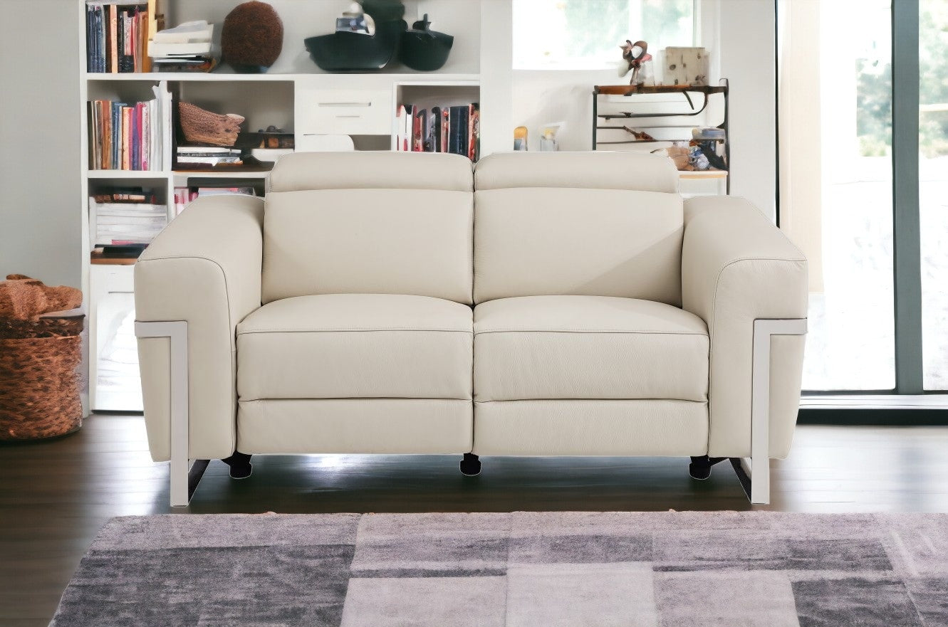 65" Beige And Silver Italian Leather Power Reclining Loveseat