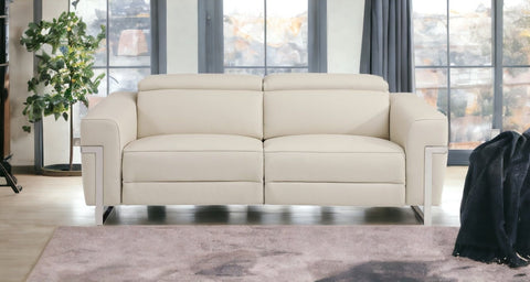 83" Beige And Silver Italian Leather USB Sofa