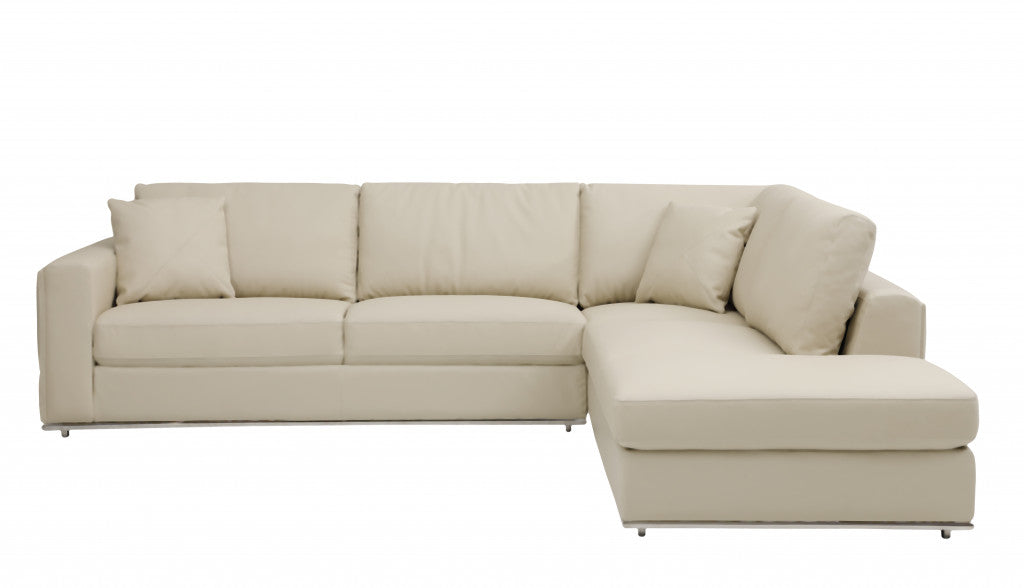 Beige Italian Leather Reclining L Shaped Two Piece Corner Sectional