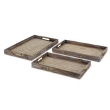 Set Of Three 19" Brown Rectangular Wood Handmade Trays With Handles