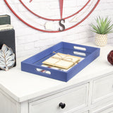 16" Navy Blue Rectangular Wood Handmade Tray With Handles