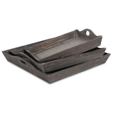 Set Of Three Rustic Brown Wood Handmade Trays With Handles