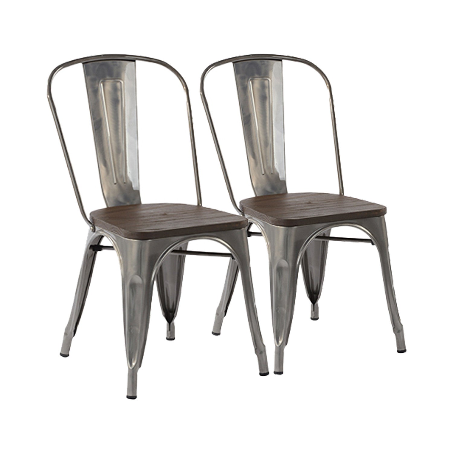 Set Of Two Silver and Brown Wood and Metal Slat Back Dining Chairs