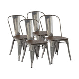 Set Of Four Silver and Brown Wood and Metal Slat Back Dining Chairs