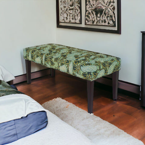 42" Green and Blue Tufted Floral Upholstered Bench