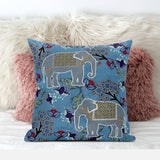 20x20 Blue White Elephant Blown Seam Broadcloth Animal Print Throw Pillow