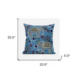 20x20 Blue White Elephant Blown Seam Broadcloth Animal Print Throw Pillow