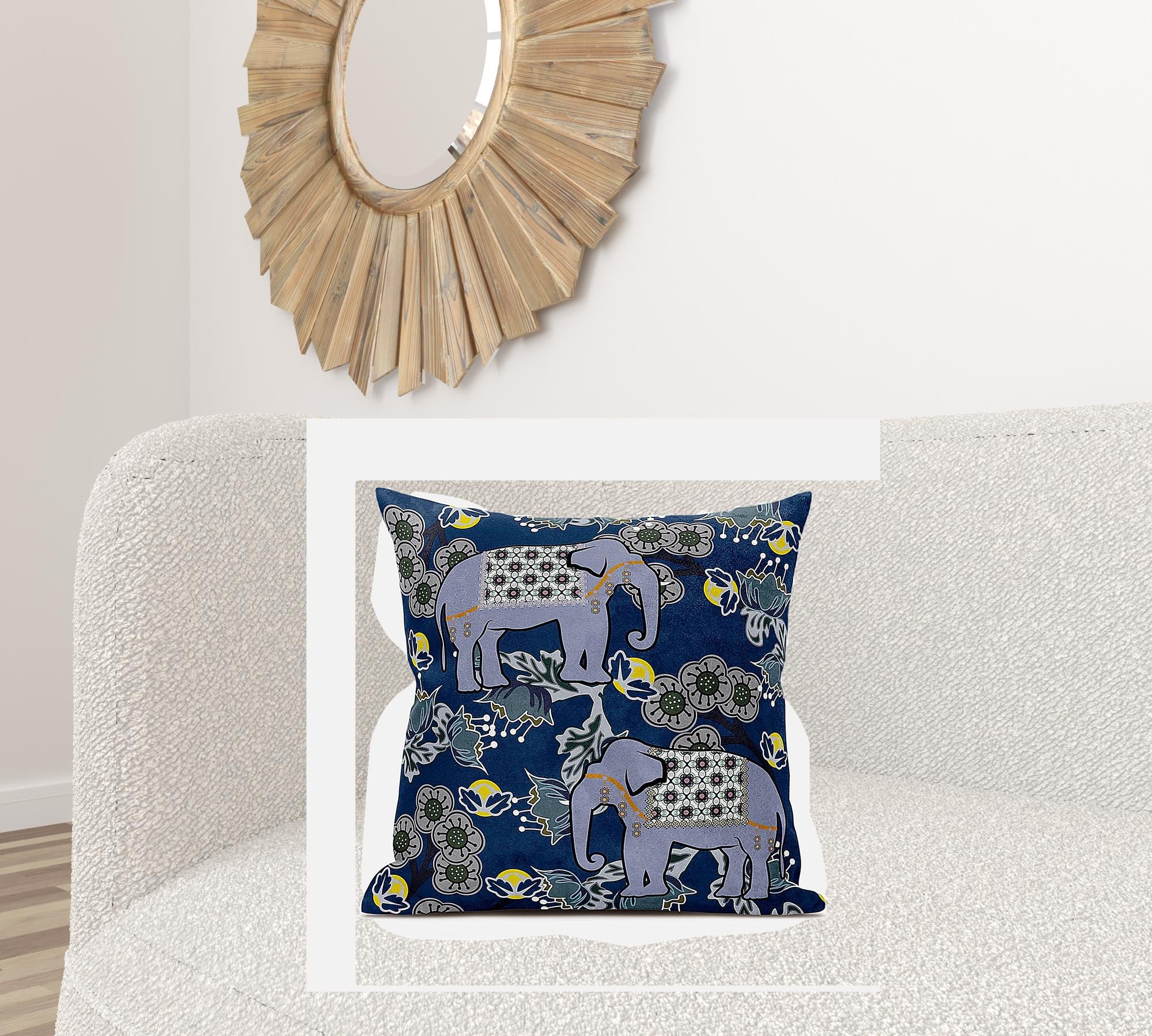 26x26 Gray Blue Brown Elephant Blown Seam Broadcloth Animal Print Throw Pillow