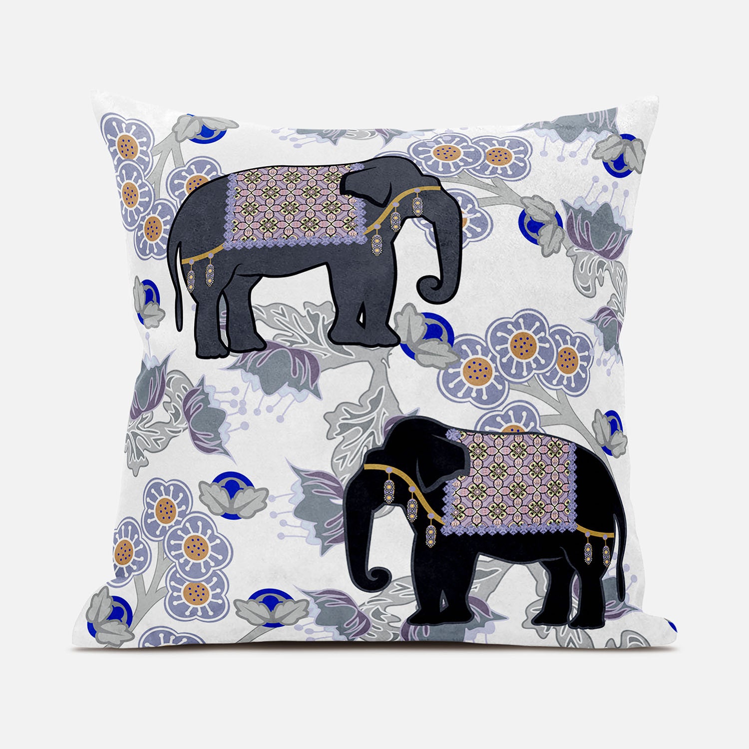 18x18 Gray Black Blue Elephant Blown Seam Broadcloth Animal Print Throw Pillow