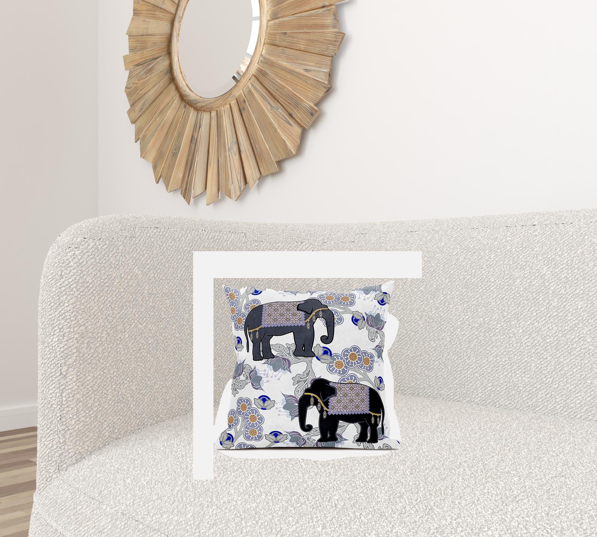 20x20 Gray Black Blue Elephant Blown Seam Broadcloth Animal Print Throw Pillow