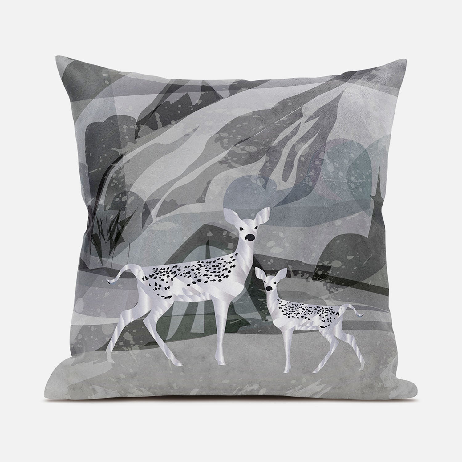 26x26 Silver Black Deer Blown Seam Broadcloth Animal Print Throw Pillow