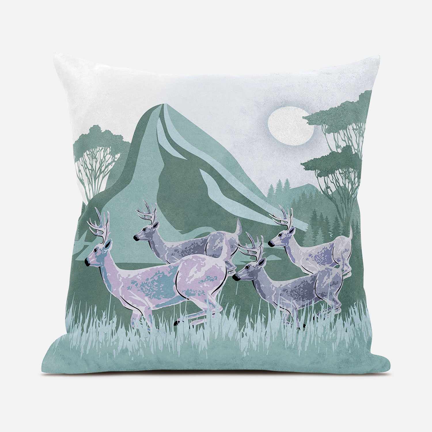 18x18 Green White Deer Blown Seam Broadcloth Animal Print Throw Pillow