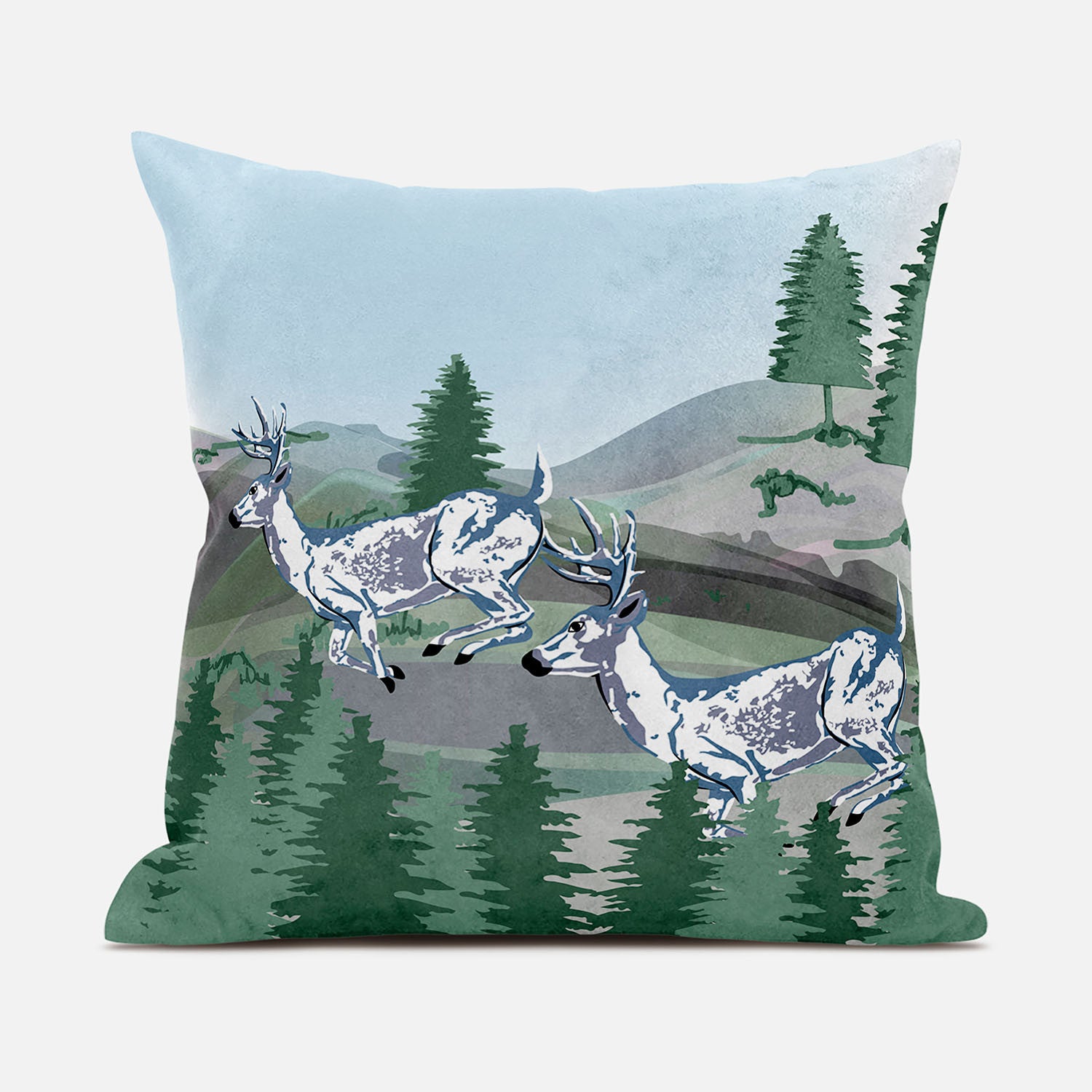 16x16 Green Blue Deer Blown Seam Broadcloth Animal Print Throw Pillow