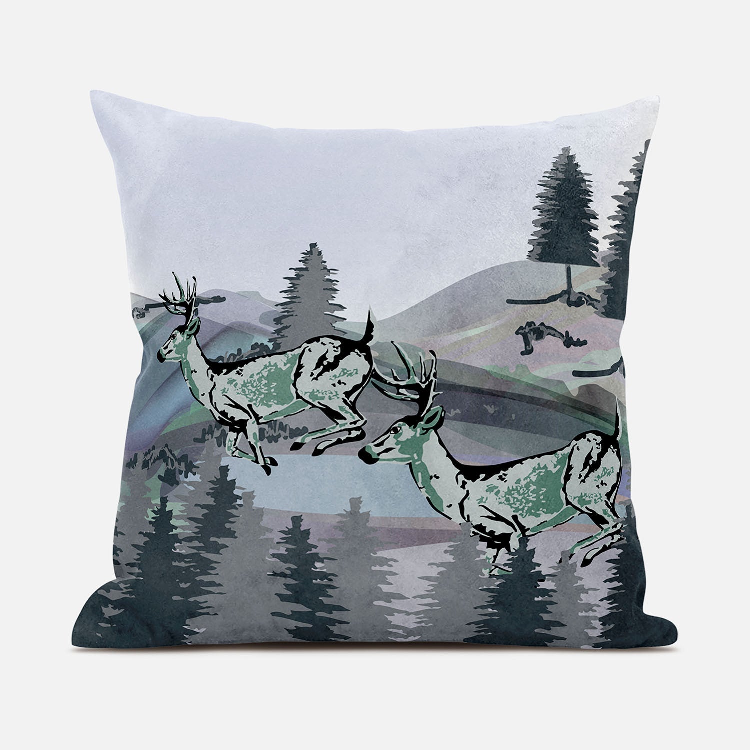 16x16 Muted Green Black Blue Deer Blown Seam Broadcloth Animal Print Throw Pillow