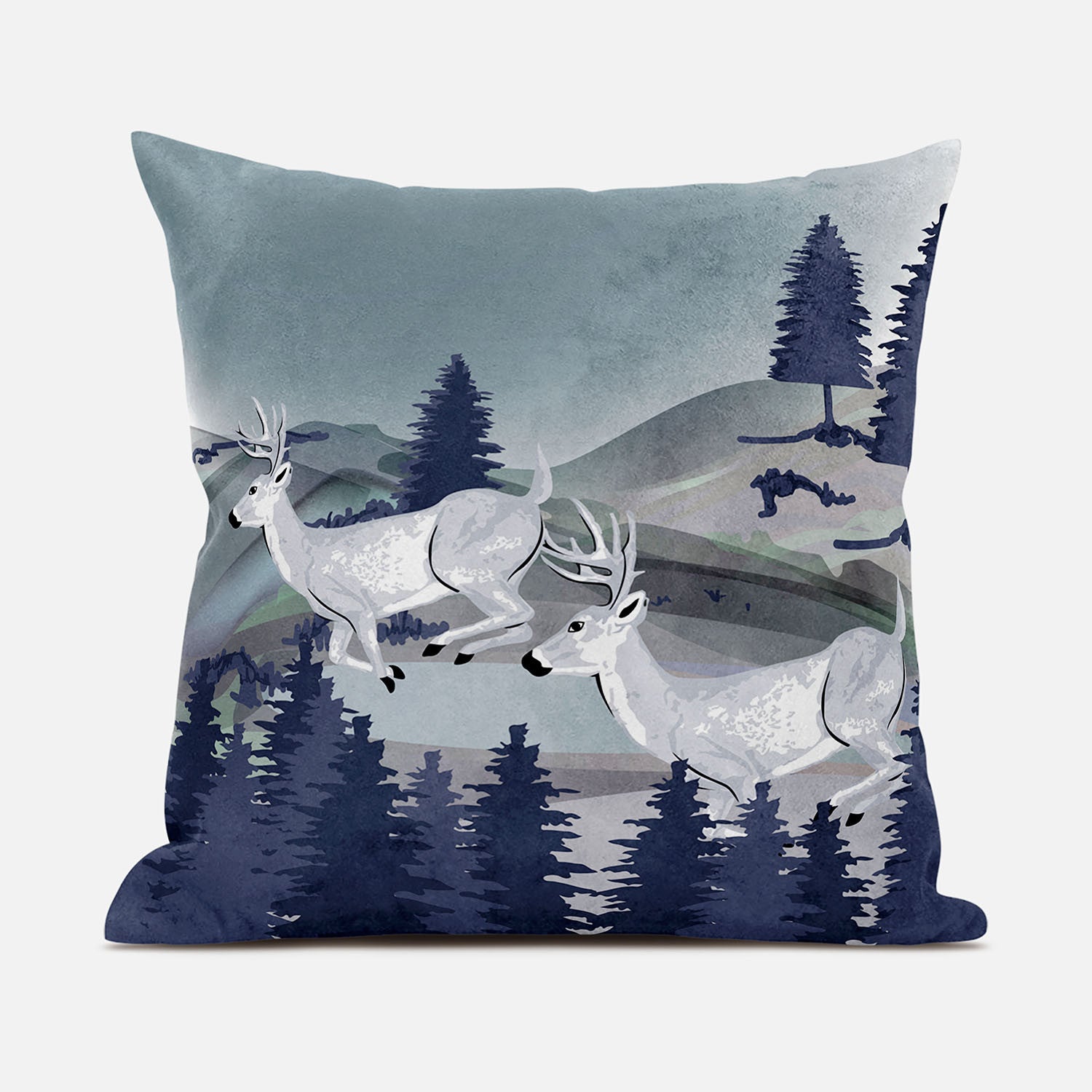 16x16 Gray Blue Deer Blown Seam Broadcloth Animal Print Throw Pillow