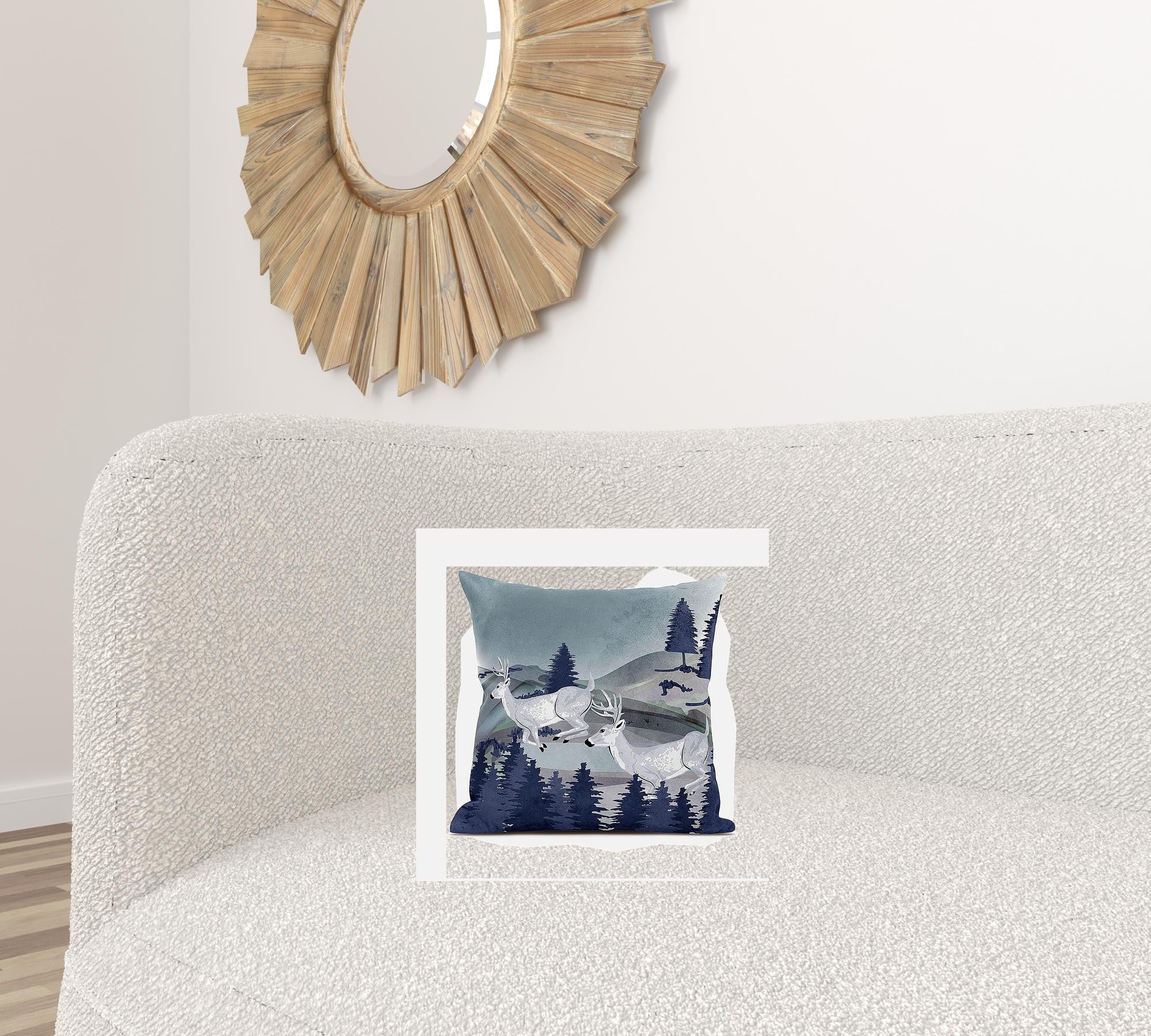 16x16 Gray Blue Deer Blown Seam Broadcloth Animal Print Throw Pillow